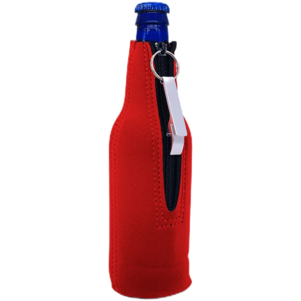 beer bottle koozie with opener and zipper red neoprene material